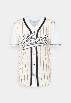 Brandneu ❤️ Karl Kani VARSITY PINSTRIPE ⚾ BASEBALL UNISEX - T-Shirt Print - Cream/white 👏