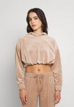 Aktion ⌛ Karl Kani SMALL SIGNATURE CROP VELVET HOODIE - Kapuzenpullover - Dark Sand, Damen 💯